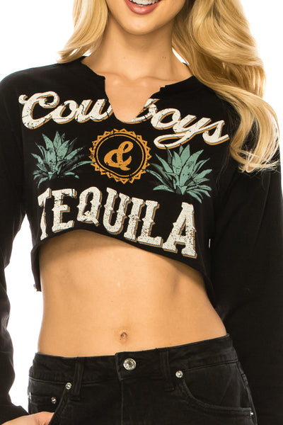 COWBOYS & TEQUILA LONG SLEEVE CROP TOP - Trailsclothing.com