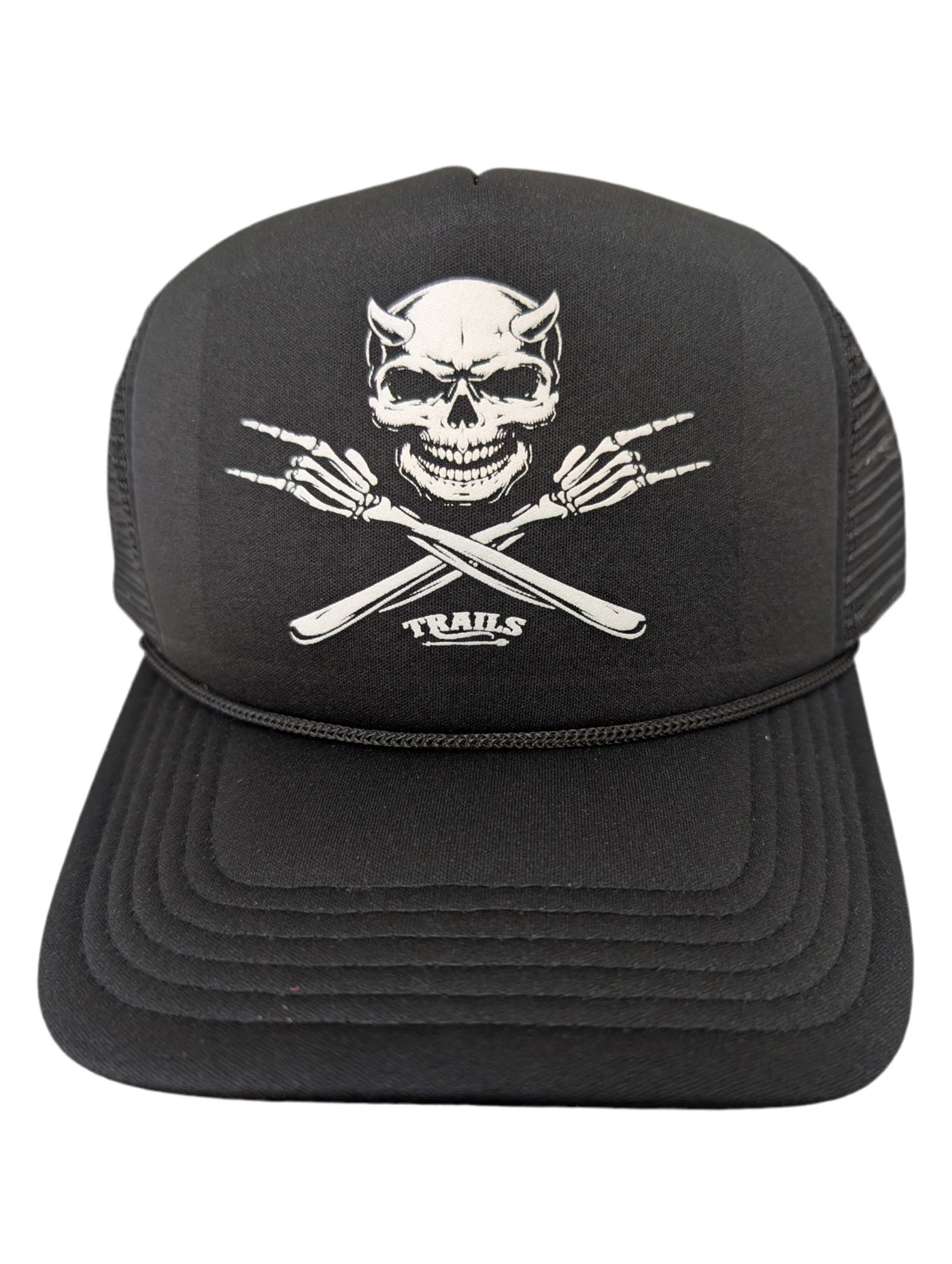 SKULL WITH HORNS TRUCKER HAT