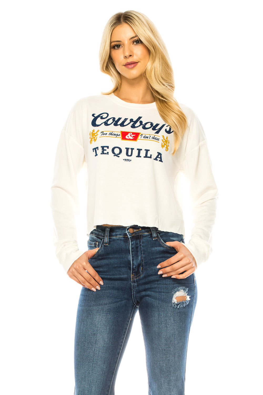 TWO THINGS I DON'T CHASE COWBOYS & TEQUILA CROP SWEATSHIRT - Trailsclothing.com