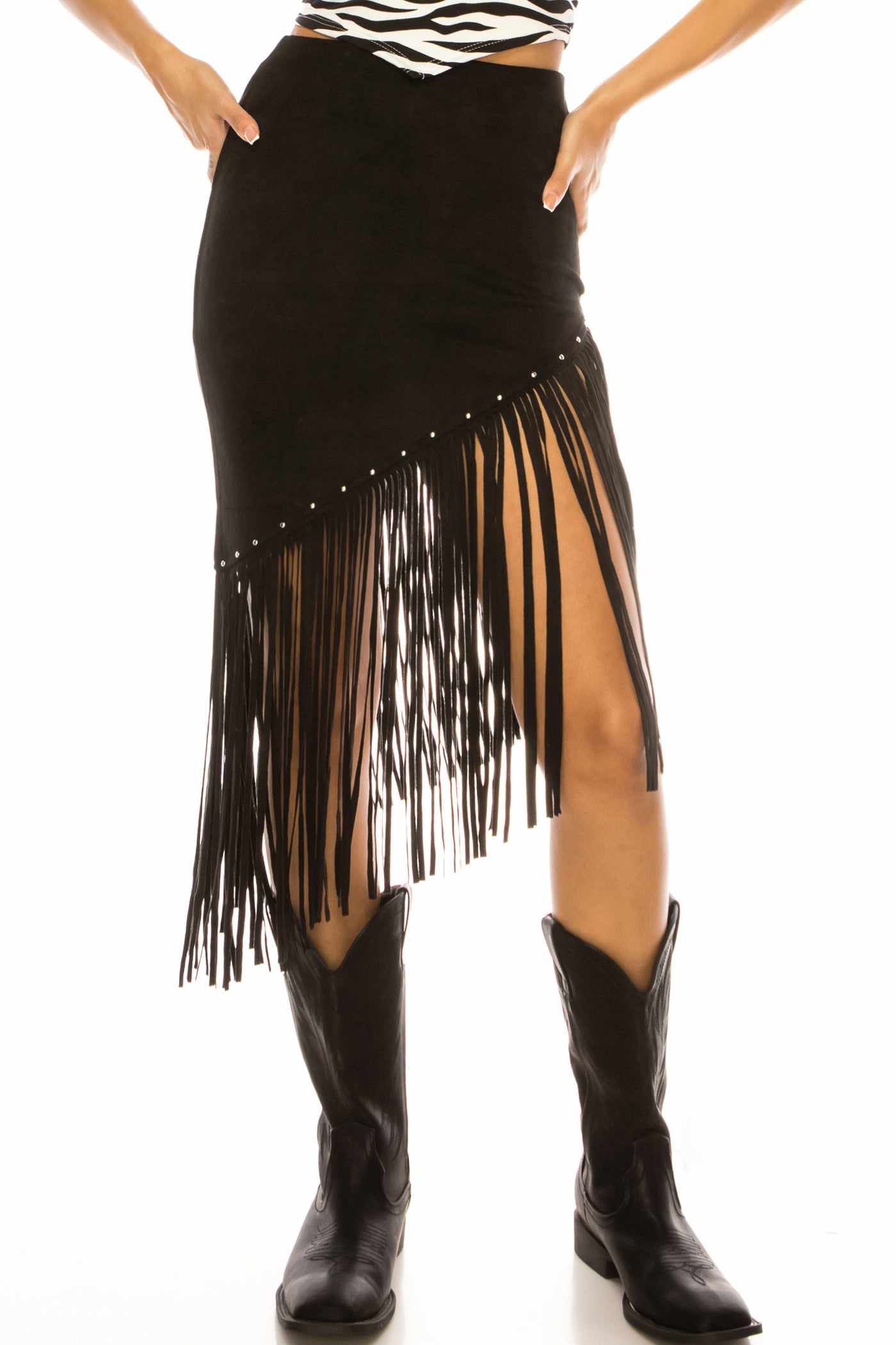 BLACK SUEDE FRINGE STUDDED MIDI SKIRT – - Main Image