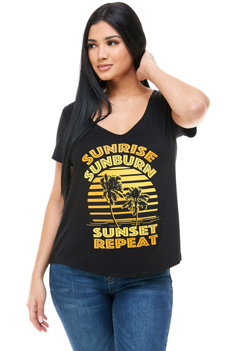 SUNRISE SUNBURN SUNSET REPEAT V NECK SHORT SLEEVE TOP - Trailsclothing.com