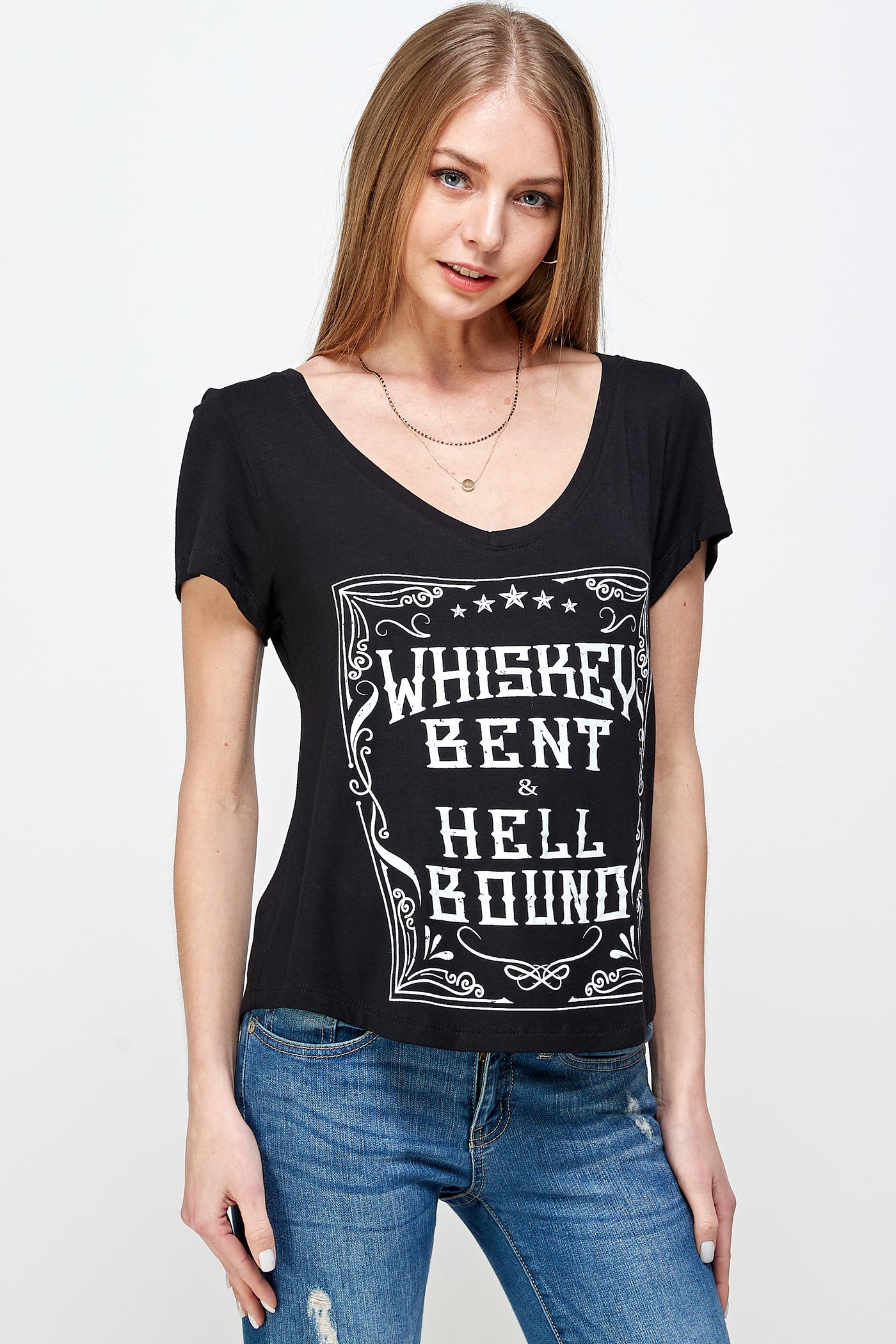 WHISKEY BENT AND HELL BOUND SHORT SLEEVE V NECK TOP – Trailsclothing.com