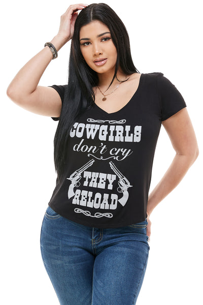 COWGIRLS DON'T CRY THEY RELOAD SHORT SLEEVE V NECK - Trailsclothing.com