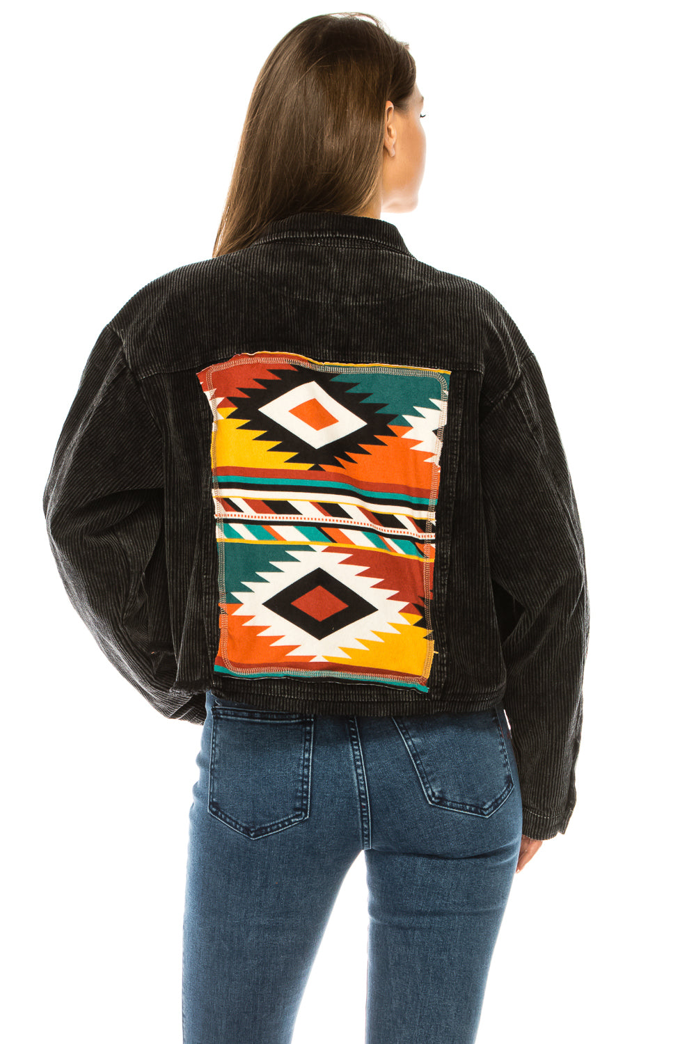 CROPPED CORDUROY JACKET WITH AZTEC BACK PATCH - Trailsclothing.com