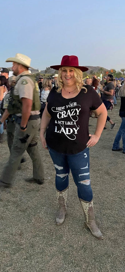 HIDE YOUR CRAZY ACT LIKE A LADY SHORT SLEEVE V NECK - Trailsclothing.com