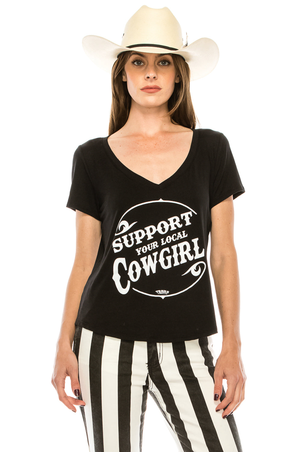 SUPPORT YOUR LOCAL COWGIRL V NECK TOP